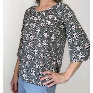 Amana Women's Blouse Size Small Green Floral 3/4 Bell Sleeve Peasant
